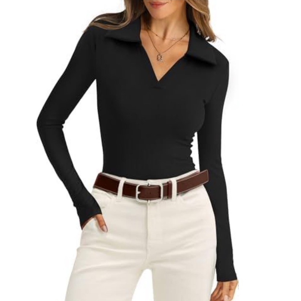 Womens Long Sleeve Polo Shirt Ribbed Knit V Neck Slim Fit Blouse Black M